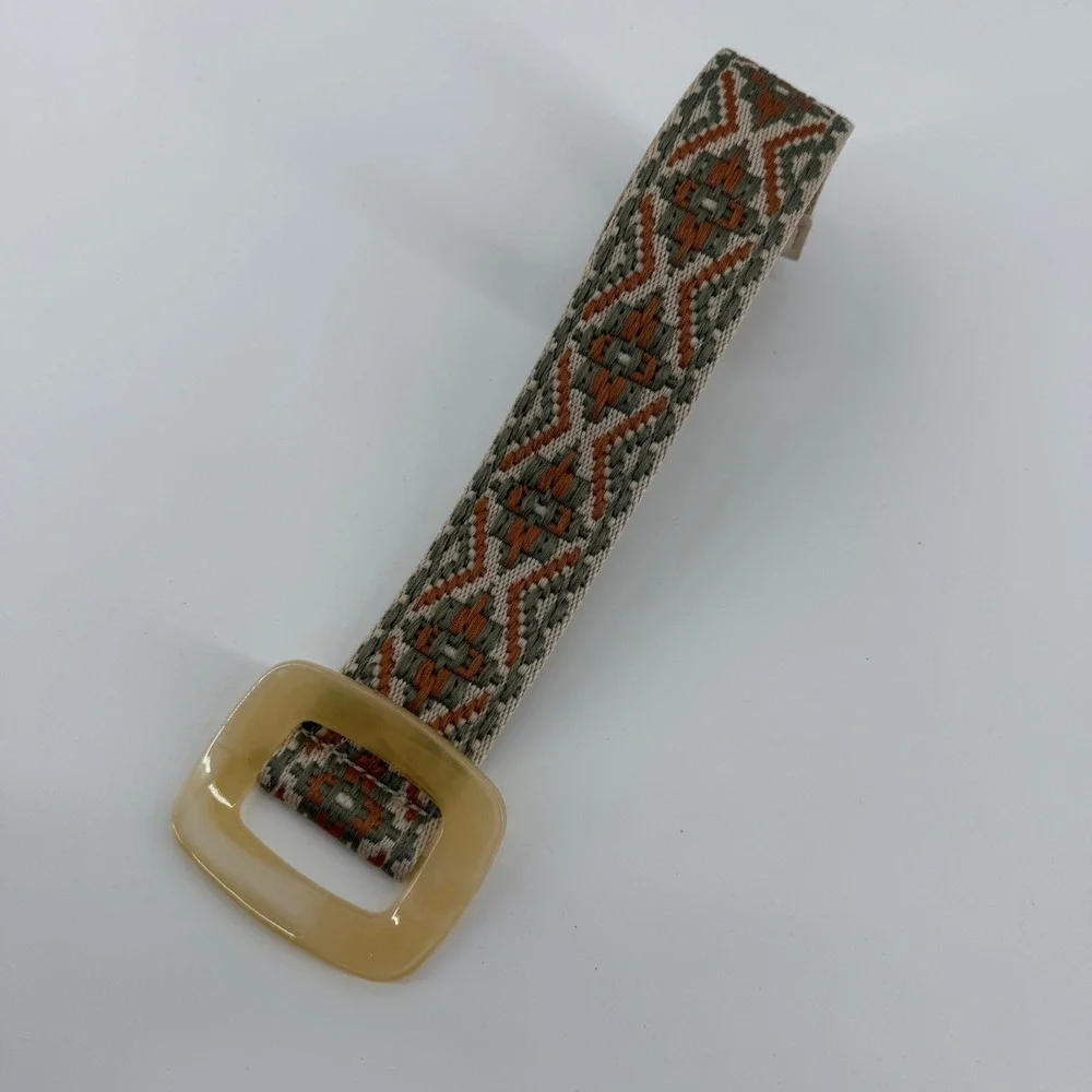 Woven‎ Belt Beige Green Orange Aztec Pattern Statement Buckle Women's
